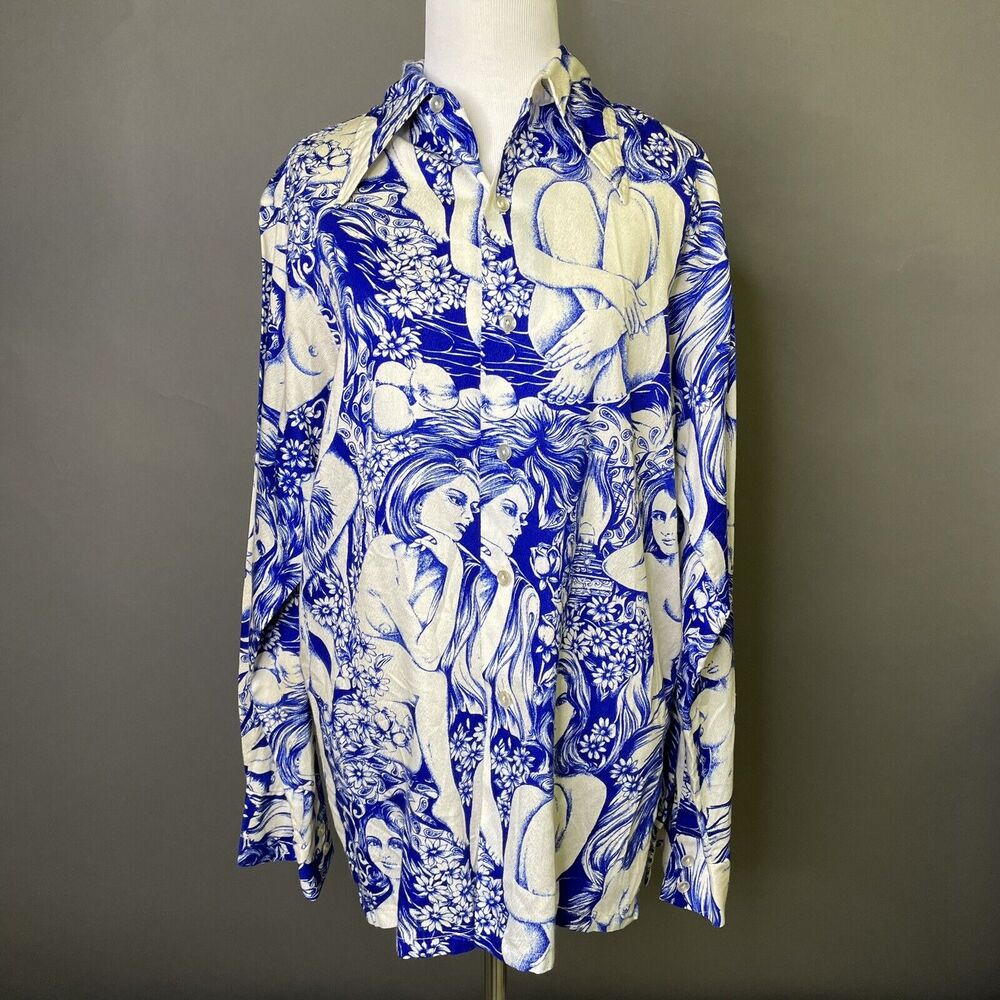 Vintage California 70s Shirt Dagger Collar Blue Art Large Female Form Pinup